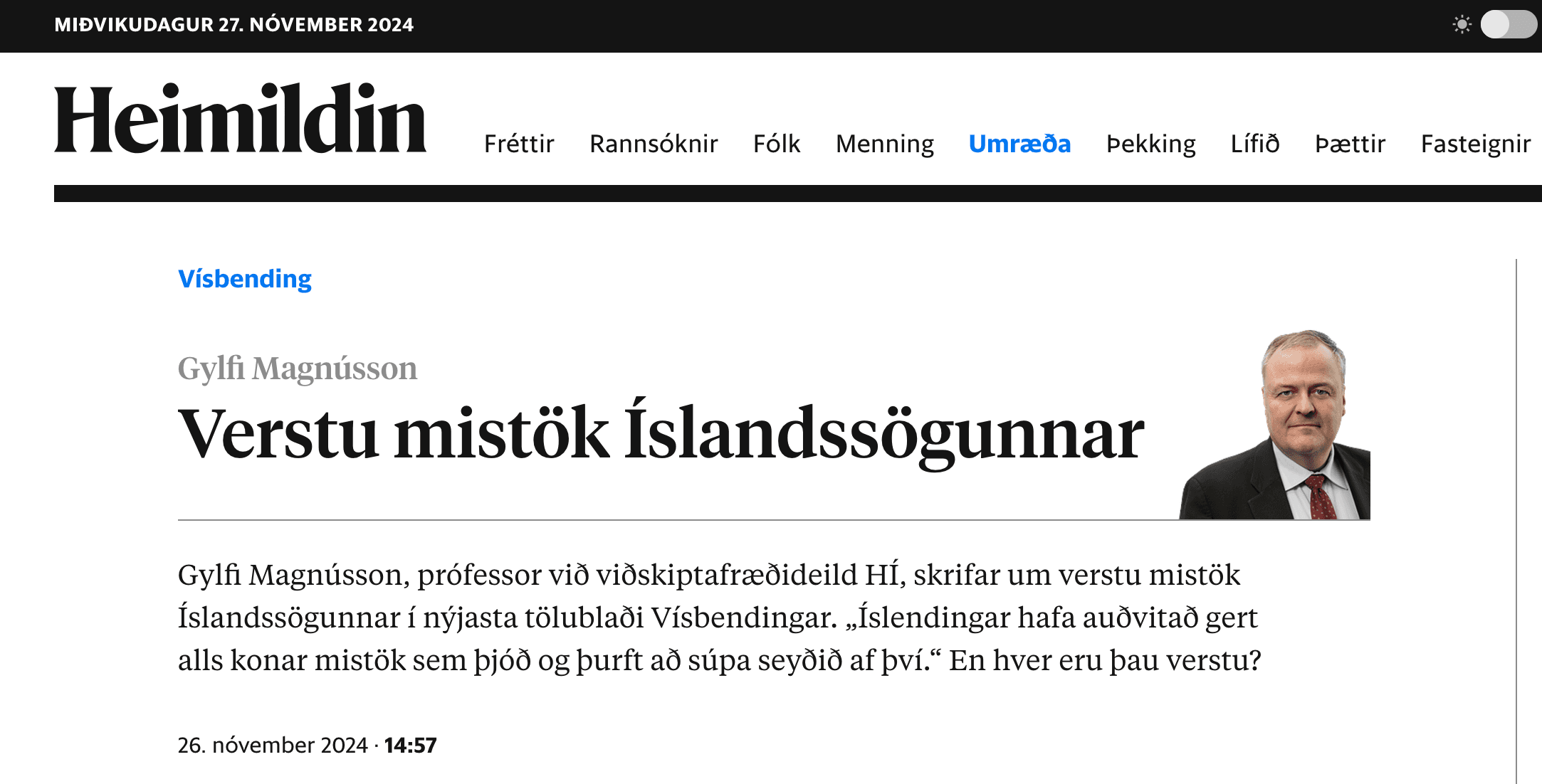 Gylfi Magnússon’s article on the worst mistakes in Iceland’s history, published by Heimildin
